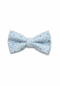 Light blue bow tie made of textured fabric featuring white and navy floral patterns. Structured shape with a central knot.