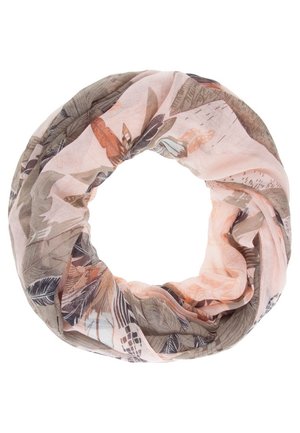 Écharpe infinie rose pâle avec un motif discret de feuilles et de plumes dans des tons de brun, beige et gris, disposée en boucle circulaire.
