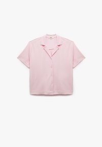 Camicia a maniche corte, con bottoni, di colore rosa chiaro, realizzata in tessuto testurizzato, con collo a camicia e vestibilità rilassata.