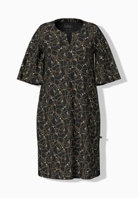 Czarna sukienka z krótkim rękawem, z złoto-brązowym, abstrakcyjnym wzorem pętli i kształtów. Projekt w kształcie litery V, o długości do połowy uda.