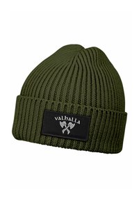 Dark green ribbed knit beanie with a folded brim featuring a black patch labeled "valhalla" and crossed Viking axes graphic.