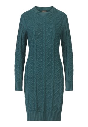 Teal strikket kjole med lange ærmer, der har et tekstureret kabelmønster samt ribbede manchetter og kant. Rund halsudskæring, mellemlang design.