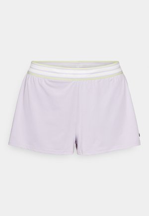 Světlefialové sportovní šortky s prodyšným pasem, který má bílé a zelené pruhy. Vyrobeno z hladkého, lehkého materiálu.