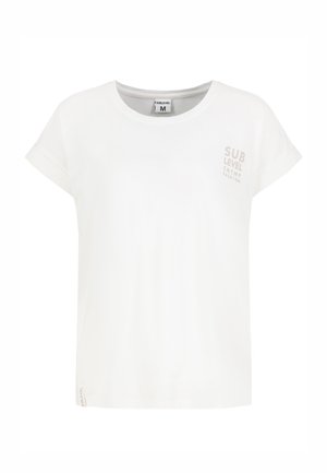 White short-sleeve T-shirt with rolled cuffs, round neck, and small light gray text "SUB LEVEL" on the upper left chest.