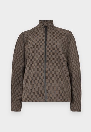 Quilted, brown jacket featuring a repeating logo pattern, a high collar, and a front zipper closure. Textured fabric with lightweight design.