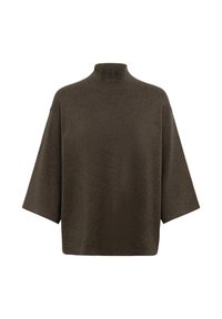 Pull ample marron foncé avec un col rond haut et des manches larges trois-quarts, présenté sur fond blanc.