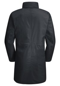 Manteau imperméable gris foncé avec un col haut, des manches longues, une coupe droite et un design minimaliste. Texture lisse sans motifs visibles.