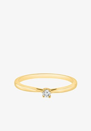 Bague en or jaune avec un anneau fin, ornée d'un diamant taillé rond serti dans une monture à six griffes au centre. Finition lisse et polie.