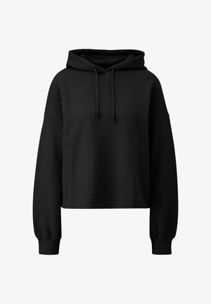 Schwarzer, taillierter Hoodie mit strukturiertem Strickmuster, Kapuze mit Kordelzug und langen Ärmeln mit engen Bündchen.