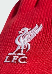 Bijeli izvezeni emblem ptice liver i slova "L.F.C." na teksturiranoj crvenoj tkanini.