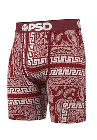 Bordasti bokserice s bijelim paisley uzorcima i dizajnom grčkog ključa. Izrađene su od glatke tkanine s elastičnom gumicom označenom "PSD."