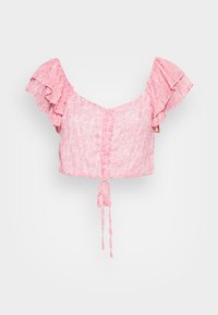 Blusa curta rosa com mangas curtas com babados, apresentando um padrão de folhas e detalhe frontal com cordão. Feita de tecido leve.