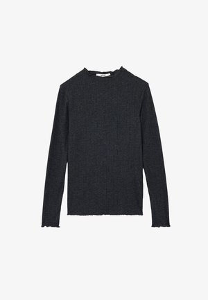 Top de manga larga de canalé gris oscuro con cuello redondo y dobladillo ondulado. Fabricado en una tela texturizada, presenta mangas ajustadas y un diseño minimalista.