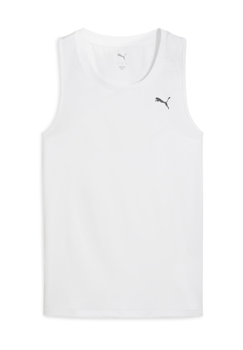 Débardeur blanc sans manches en tissu lisse, avec un col rond et un petit logo noir Puma sur le côté supérieur gauche.