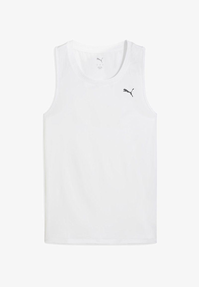 Débardeur blanc sans manches en tissu lisse, avec un col rond et un petit logo noir Puma sur le côté supérieur gauche.