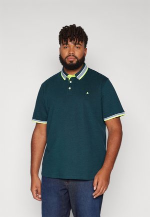 Dark teal polo shirt with a solid texture, featuring a two-button collar and contrasting neon green and blue striped accents on the collar and sleeves.