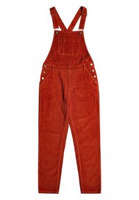 Pettorina in corduroy arancione bruciato, con spalline regolabili, bottoni laterali e due tasche frontali. Tessuto morbido e design con gambe diritte.