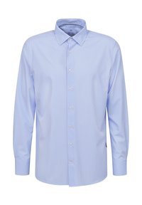 Hellblau gestreiftes Hemd aus Baumwolle, mit einem Button-Down-Kragen und langen Ärmeln mit Knopfmanschetten. Dezenter Textur und Finish.