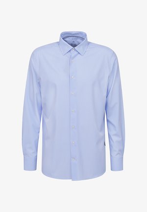 Hellblau gestreiftes Hemd aus Baumwolle, mit einem Button-Down-Kragen und langen Ärmeln mit Knopfmanschetten. Dezenter Textur und Finish.