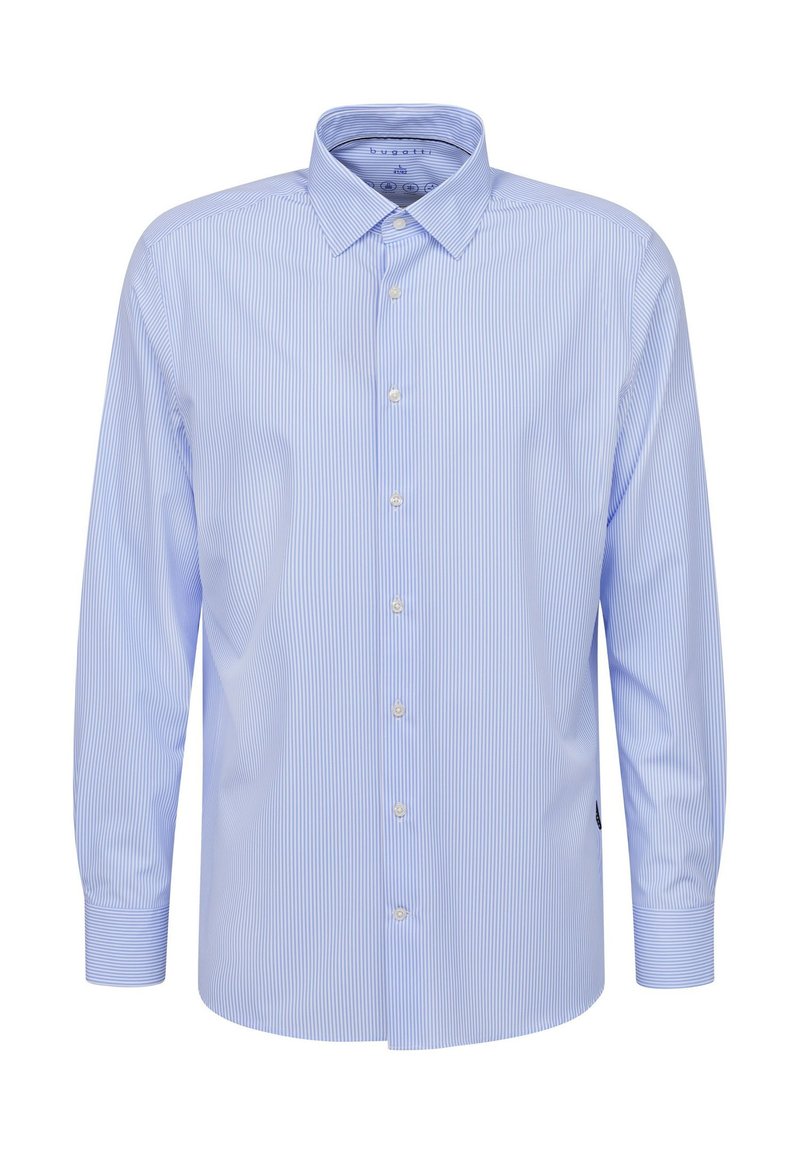 Hellblau gestreiftes Hemd aus Baumwolle, mit einem Button-Down-Kragen und langen Ärmeln mit Knopfmanschetten. Dezenter Textur und Finish.