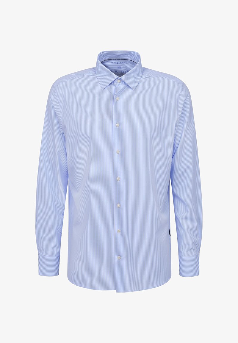 Hellblau gestreiftes Hemd aus Baumwolle, mit einem Button-Down-Kragen und langen Ärmeln mit Knopfmanschetten. Dezenter Textur und Finish.