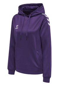 Felpa viola realizzata in tessuto liscio, dotata di cappuccio con coulisse, tasca a marsupio e motivo a chevron bianco lungo le maniche.