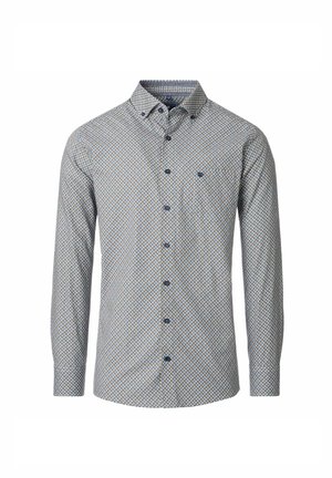 Langarm-Hemd in Hellblau mit geometrischem Muster in Weiß und Gelb. Verfügt über einen Button-Down-Kragen und eine Brusttasche.