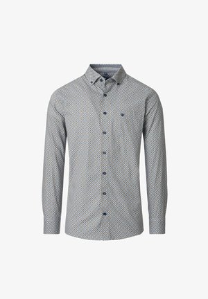 Langarm-Hemd in Hellblau mit geometrischem Muster in Weiß und Gelb. Verfügt über einen Button-Down-Kragen und eine Brusttasche.