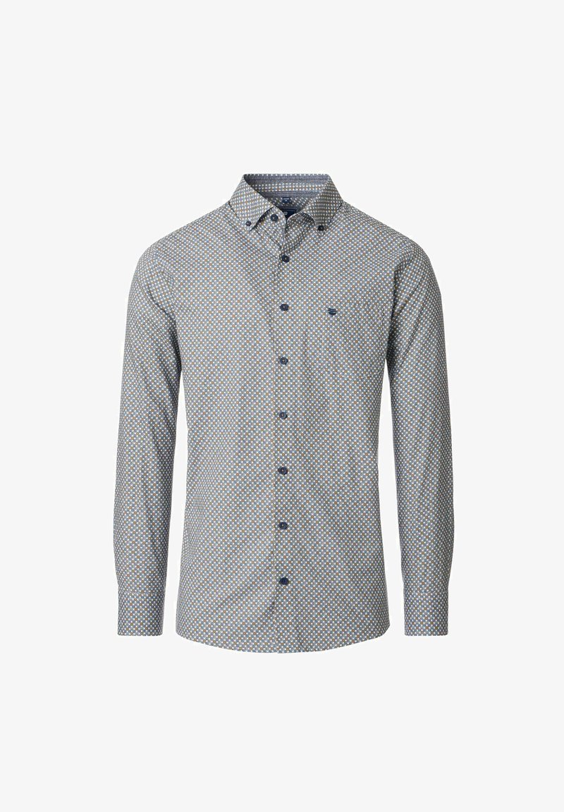 Koszula z długim rękawem w jasnoniebieskim kolorze z geometrycznym wzorem w bieli i żółci. Posiada kołnierzyk zapinany na guziki oraz kieszeń na piersi.