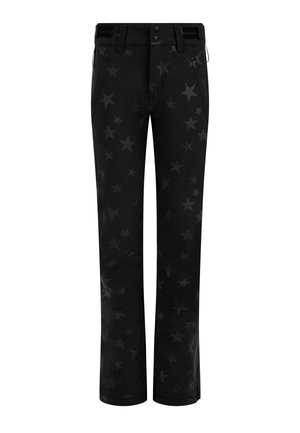 Black trousers featuring a star pattern in a slightly darker shade, with a straight leg design and dual button closure at the waist.