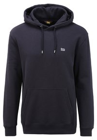 Felpa blu navy realizzata in tessuto misto cotone, dotata di una tasca a marsupio frontale, coulisse e piccolo logo ricamato sul petto.