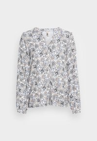 Blusa a maniche lunghe con motivo floreale blu, beige e nero, scollo a V e chiusura con bottoni su sfondo bianco.