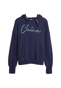 Navyblauwe hoodie met een voorzak, een trekkoord in de capuchon en de tekst 'Chica' in turqoise. Gemaakt van een zachte katoenstof; ribgebreide boorden en zoom.