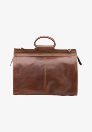 Bruine leren dokters tas met afgeronde handgreep en zichtbare stiksels, geplaatst tegen een effen witte achtergrond.