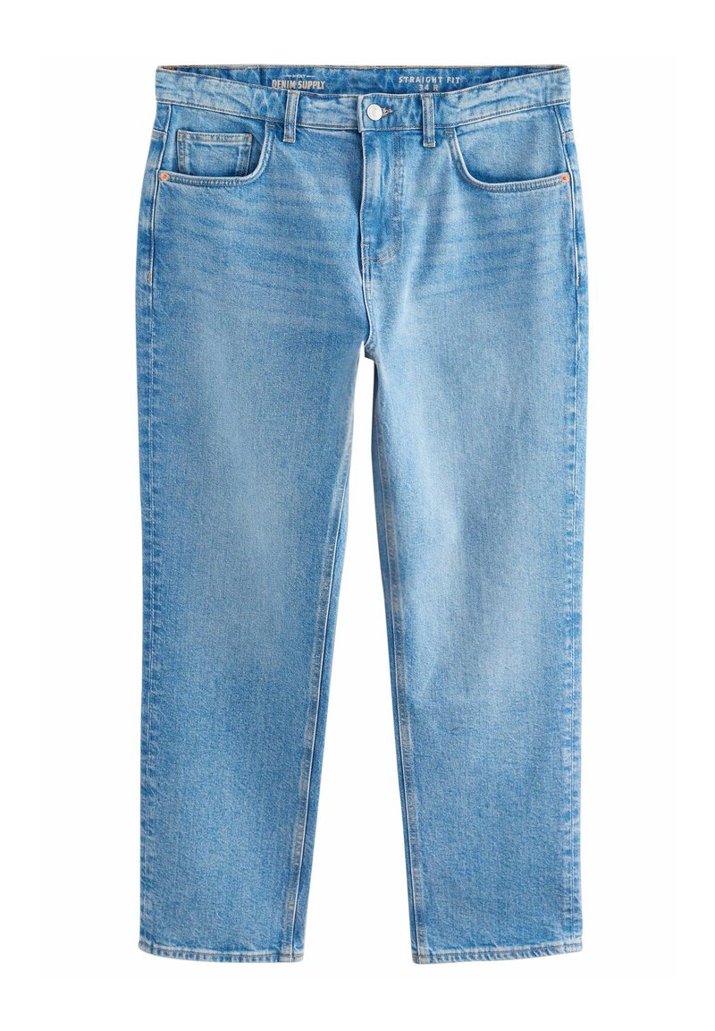 Lichtblauwe rechtvallende jeans van denim met vijf zakken, knoopsluiting en een licht vervaagde wassing. De zoom is recht gesneden.