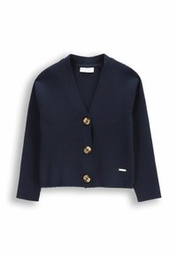 Granatowy kardigan w prążki z dekoltem w serek, długimi rękawami i czterema okrągłymi guzikami w złotym odcieniu z przodu, z subtelnym akcentem logo na dolnym obszyciu.