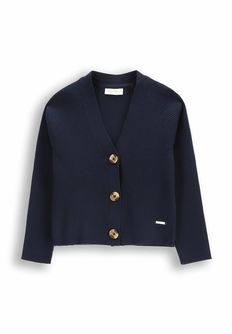 Granatowy kardigan w prążki z dekoltem w serek, długimi rękawami i czterema okrągłymi guzikami w złotym odcieniu z przodu, z subtelnym akcentem logo na dolnym obszyciu.
