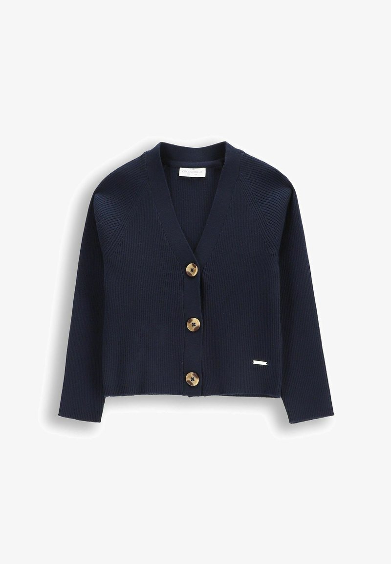 Granatowy kardigan w prążki z dekoltem w serek, długimi rękawami i czterema okrągłymi guzikami w złotym odcieniu z przodu, z subtelnym akcentem logo na dolnym obszyciu.