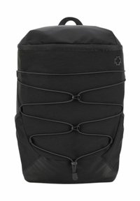 Schwarzer Rucksack aus strukturiertem Stoff, mit gepolstertem Oberteil und elastischen Kordeldetails an der Vorderseite. Inklusive seitlicher Netztaschen und einem Logo.