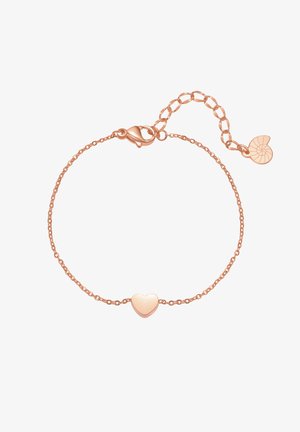 Bracelet en or rose avec un charm en forme de cœur. Design en chaîne maillée avec un fermoir en homard et une chaîne d'extension pour ajuster la taille.