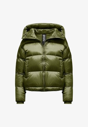 Olijfgroen pufferjack met capuchon, ritssluiting en elastische manchetten. Kenmerkt zich door een gequilt ontwerp en een lichte glans in de textuur.