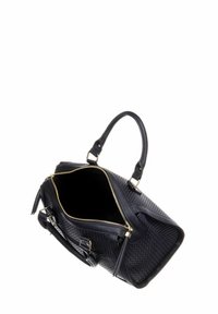 Sac à main en cuir tressé noir avec fermeture éclair dorée, extérieur texturé, doubles poignées et intérieur spacieux. Ouvert en angle pour montrer l'intérieur.