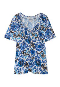 Blaue und schwarze kurzärmlige Bluse mit floralem Muster, V-Ausschnitt und Raffung am Kragen, aus leichtem Stoff.