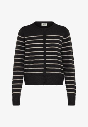 Zwarte cardigan met horizontale beige strepen, geribbelde textuur, ronde halslijn en knoopsluiting aan de voorkant. Lange mouwen met nauwsluitende manchetten.