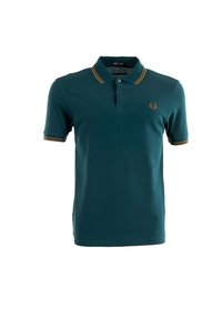 Teal polo-shirt van katoenmix met korte mouwen, een knoopsluiting met twee knopen en contrasterende gele strepen op de kraag en mouwen. Geborduurd logo op de borst.