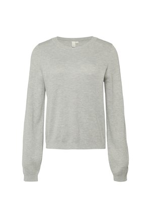 Szary sweter z dzianiny, z długimi rękawami, okrągłym dekoltem i teksturowanym wzorem. Posiada ribbowe mankiety i dół, co nadaje mu dopasowany wygląd.