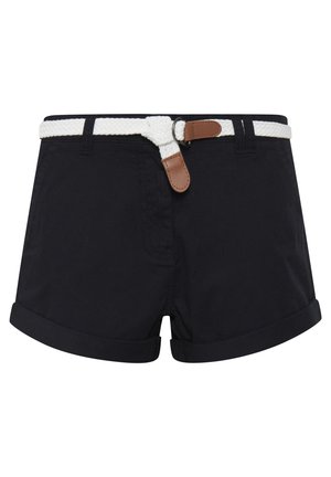 Navy blue shorts made of a smooth fabric, featuring a white rope belt with brown leather accents and turn-up cuffs at the hem.