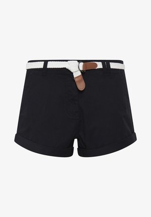 Navy blue shorts made of a smooth fabric, featuring a white rope belt with brown leather accents and turn-up cuffs at the hem.