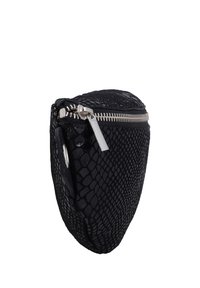 Small black pouch with reptile skin pattern, silver zipper pull, and rounded shape against white background.