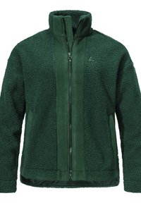 Grüne Fleecejacke mit hohem Kragen, durchgehendem Reißverschluss, strukturiertem Stoff und glatten Einsätzen. Verfügt über ein kleines Logo auf der Brust.